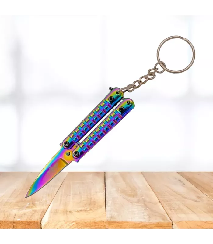 Canivete chaveiro tipo borboleta, arco-íris brilhante ⚔️