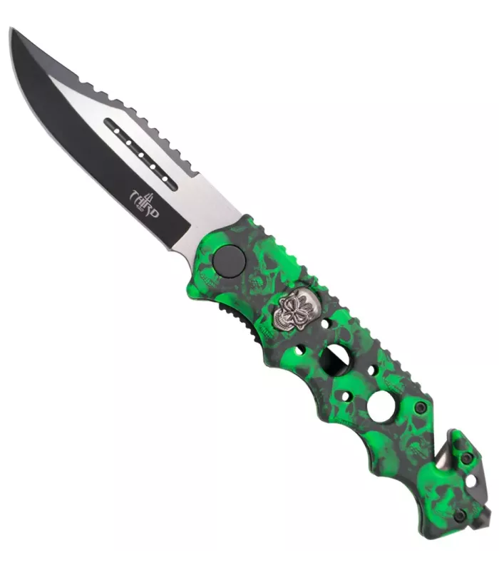 Canivete tático Third desenho caveira, cor verde (21,2 cm). ⚔️