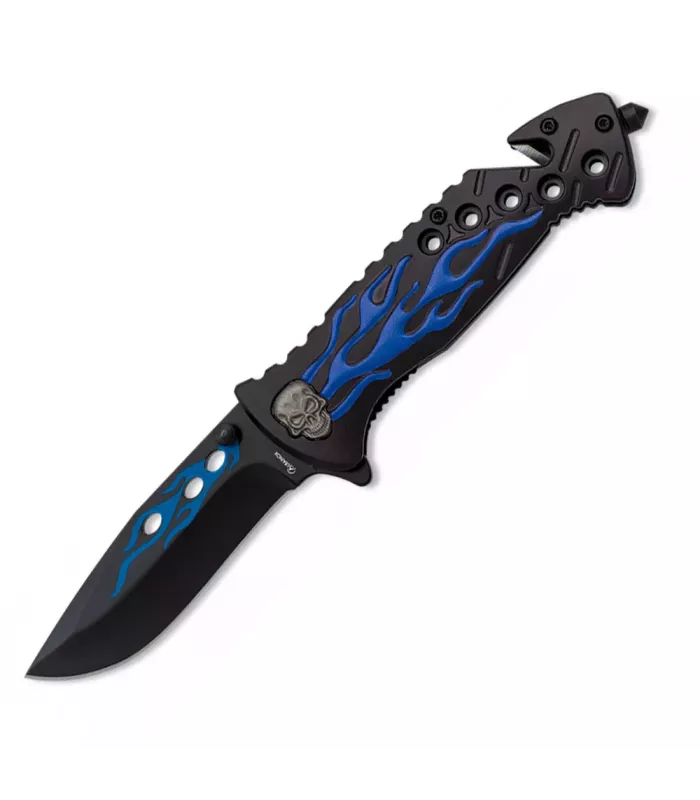 Naaier reddingsmes schedel in vlammen blauw (20 cm.) ⚔️
