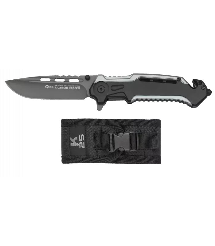 Canivete de resgate e emergências, K25 cinza-preto (folha 8,7 cm.) ⚔️