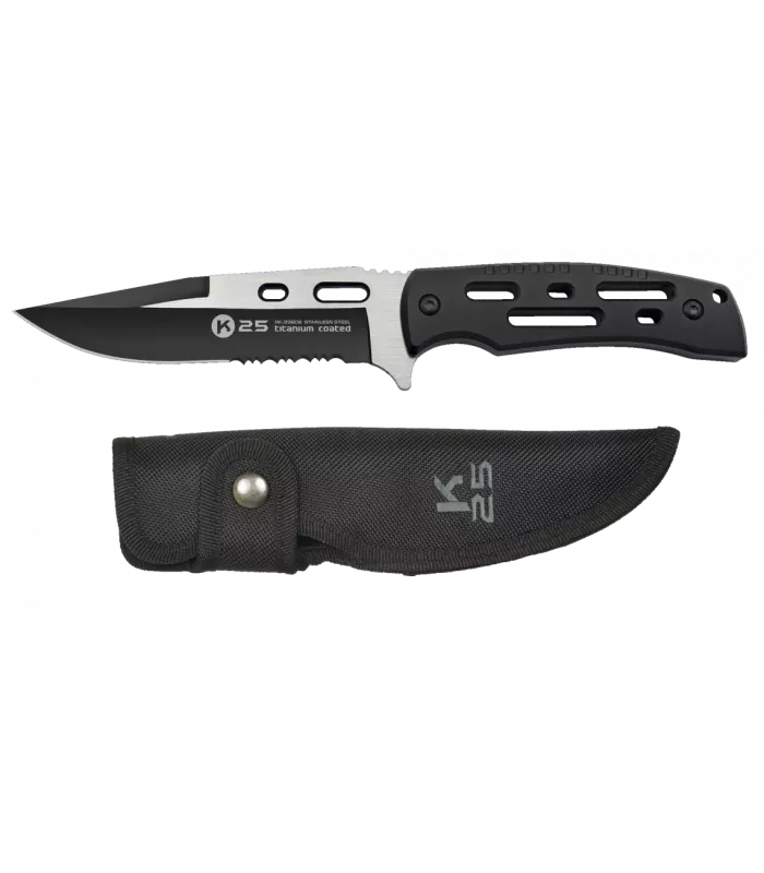 Couteau tactique K25 noir, lame mixte avec scie ⚔️