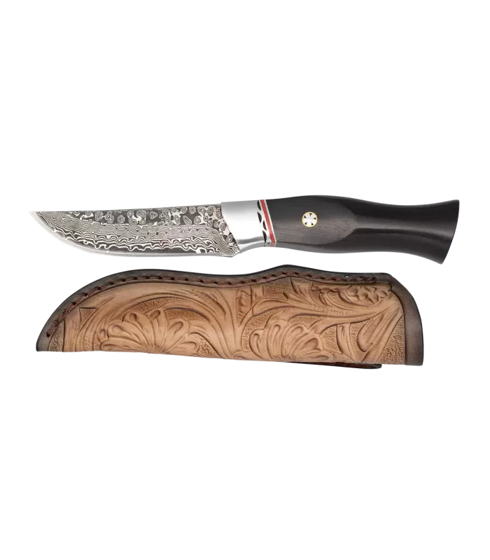 Couteau en acier damassé avec étui (lame : 9 cm). ⚔️