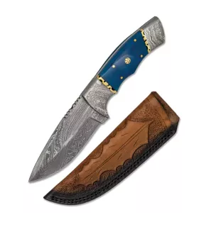 Couteau de sport en os bleu en acier de Damas avec étui ⚔️