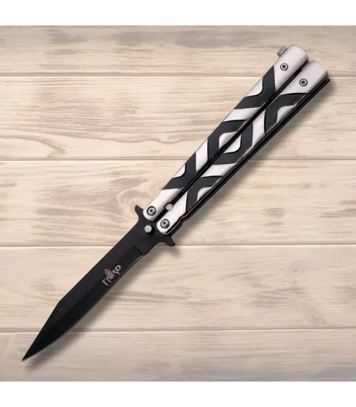 Canivete borboleta preto prateado Terceiro, lâmina de 11,5 cm. ⚔️