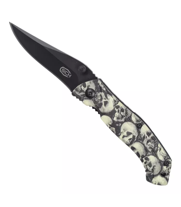 Terrænkniv med design på skaftet med kranier (17,5 cm.) ⚔️