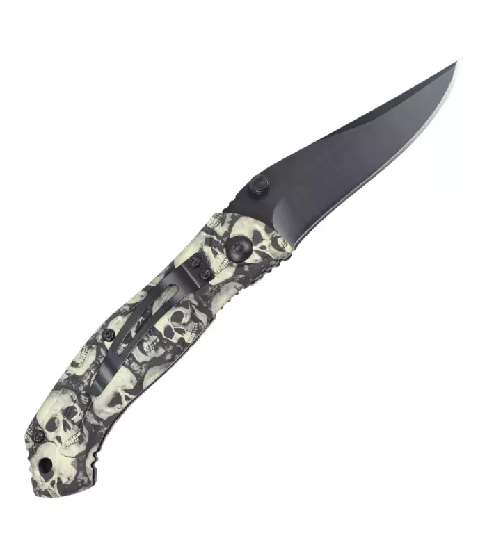 Terrænkniv med design på skaftet med kranier (17,5 cm.) ⚔️