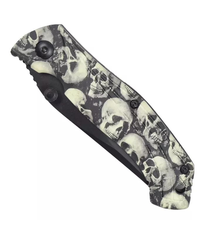 Terrænkniv med design på skaftet med kranier (17,5 cm.) ⚔️