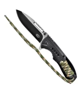 Taktische Klappmesser mit grünem Camouflage-Paracord-Griff (insgesamt 21,5 cm).