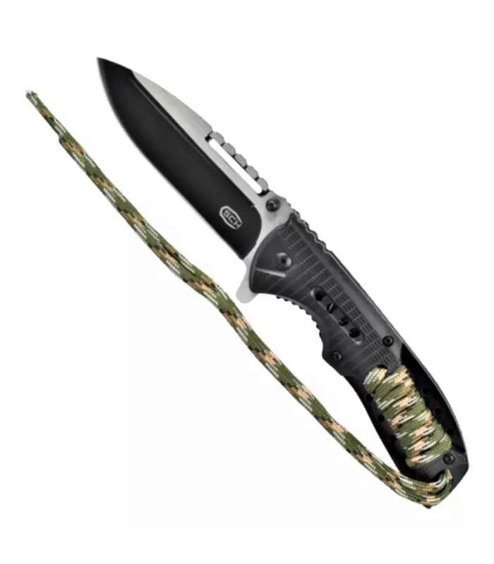 Taktische Klappmesser mit grünem Camouflage-Paracord-Griff (insgesamt 21,5 cm).