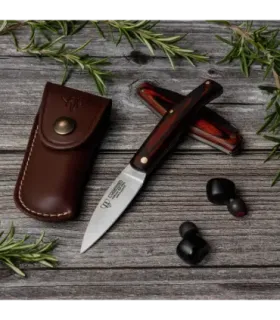 Cudeman jagtkniv med rød satin stammehåndtag (med etui) ⚔️