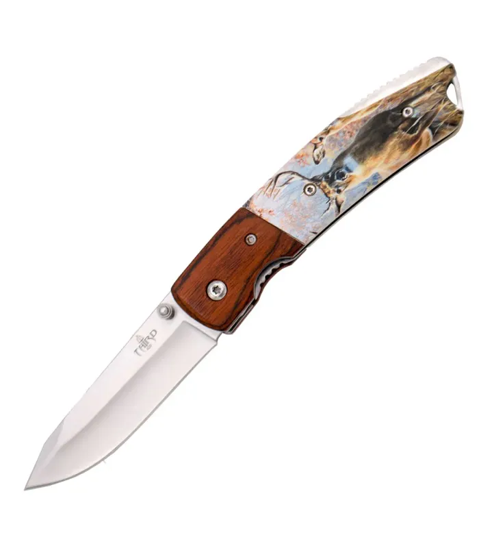 Navaja de Caza diseño Ciervo, mango madera y ABS (total 19 cm.) ⚔️