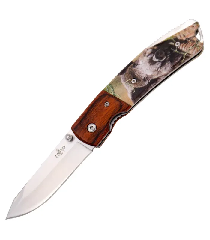 Couteau de chasse design Sanglier, manche en bois et ABS (total 19 cm). ⚔️