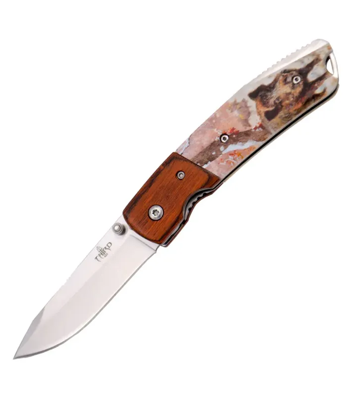 Couteau de chasse design Sanglier, manche en bois et ABS (total 19 cm). ⚔️
