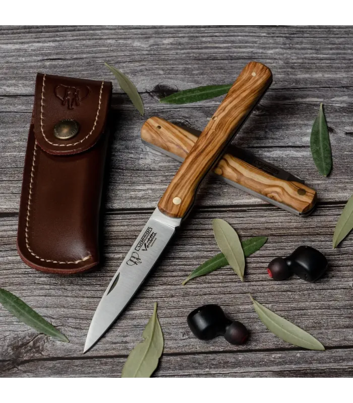 Couteau de chasse Vendetta, manche en olive naturelle satinée (avec étui) ⚔️