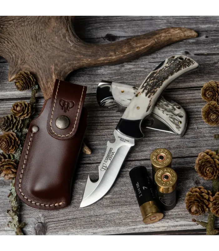 Navaja de caza Xena, mango asta de ciervo pulido (con funda) ⚔️