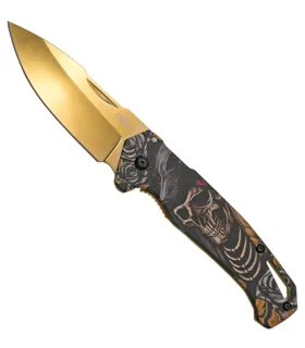 Navaja táctica Third diseño 3D dorado calavera (20,3 cm.) ⚔️