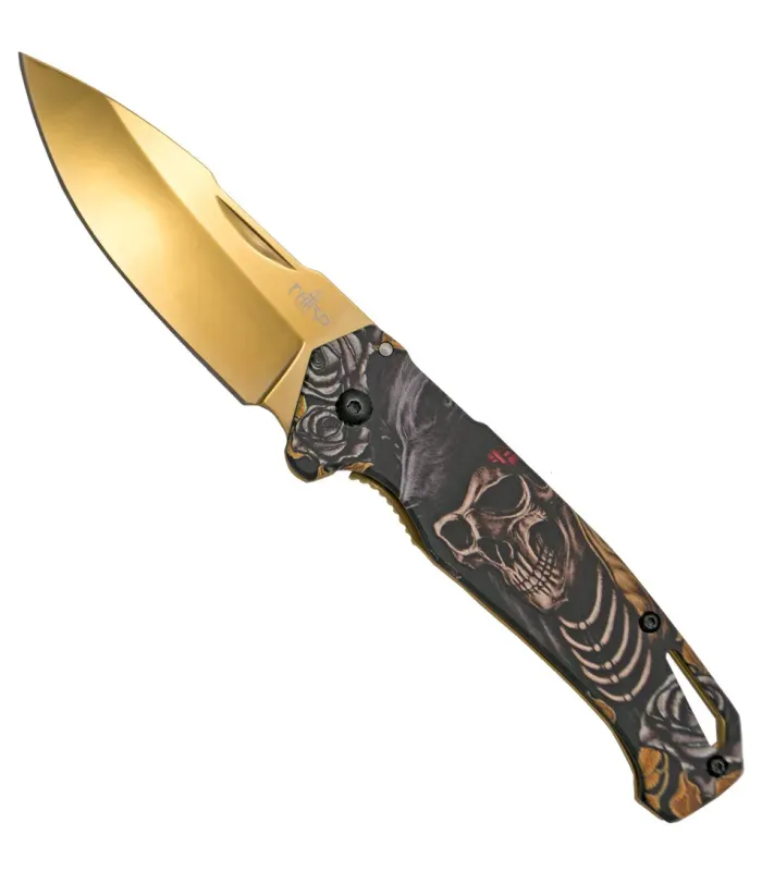 Navaja táctica Third diseño 3D dorado calavera (20,3 cm.) ⚔️