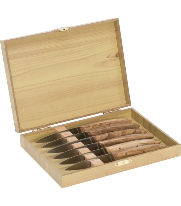 Conjunto de 6 facas com cabos de madeira de zebrano em caixa (17 cm). ⚔️