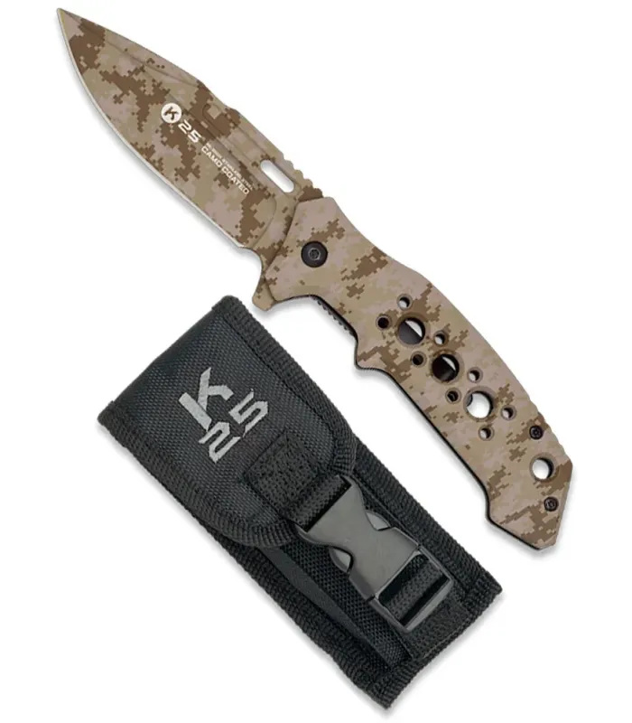 Tactisch mes K25 met aluminium handvat camouflage zand ⚔️