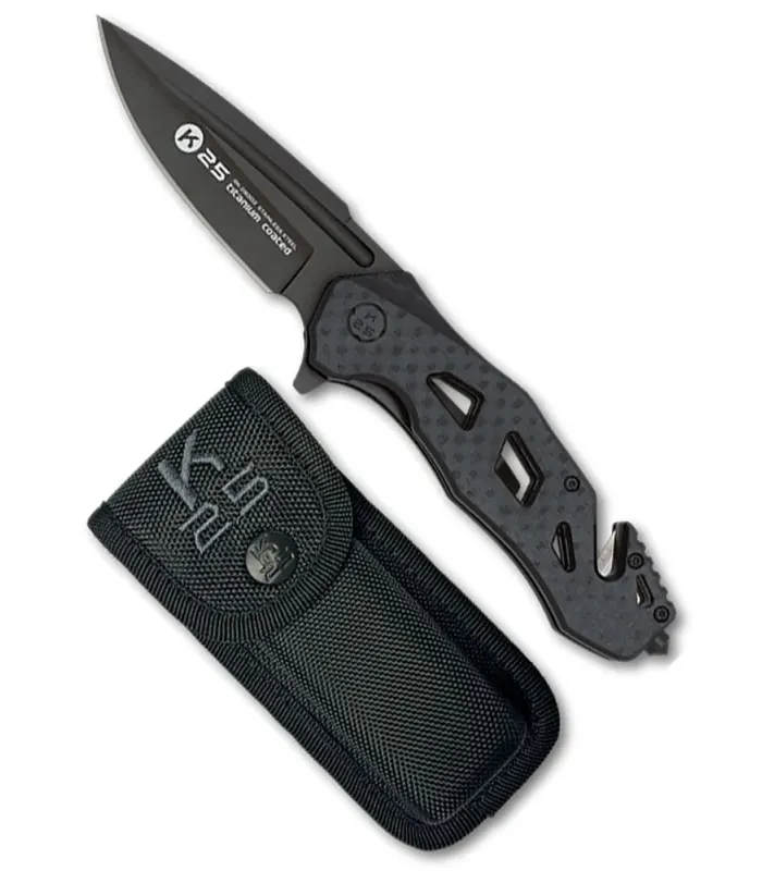 Navaja táctica de rescate K25 G10 efecto fibra carbono ⚔️