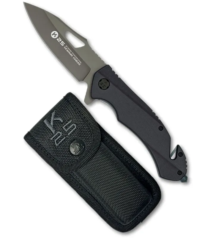 Canivete tático de resgate K25 com cabo G10 preto ⚔️