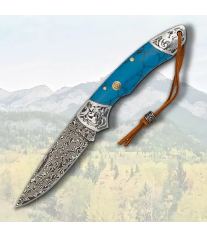 Albainox Damascus Razor with Blue Resin Handle ⚔️