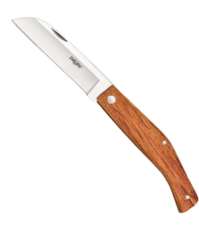 Pallés brand pocket knife with wooden handle, hawk bill blade, stainless steel