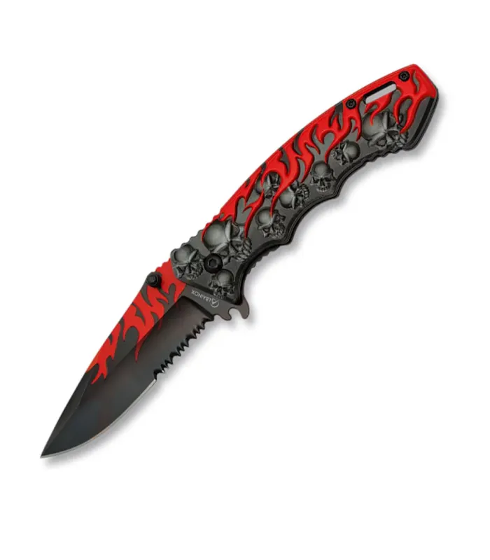 Canivete vermelho-preto Skull e chamas, lâmina de 8,20 cm. ⚔️