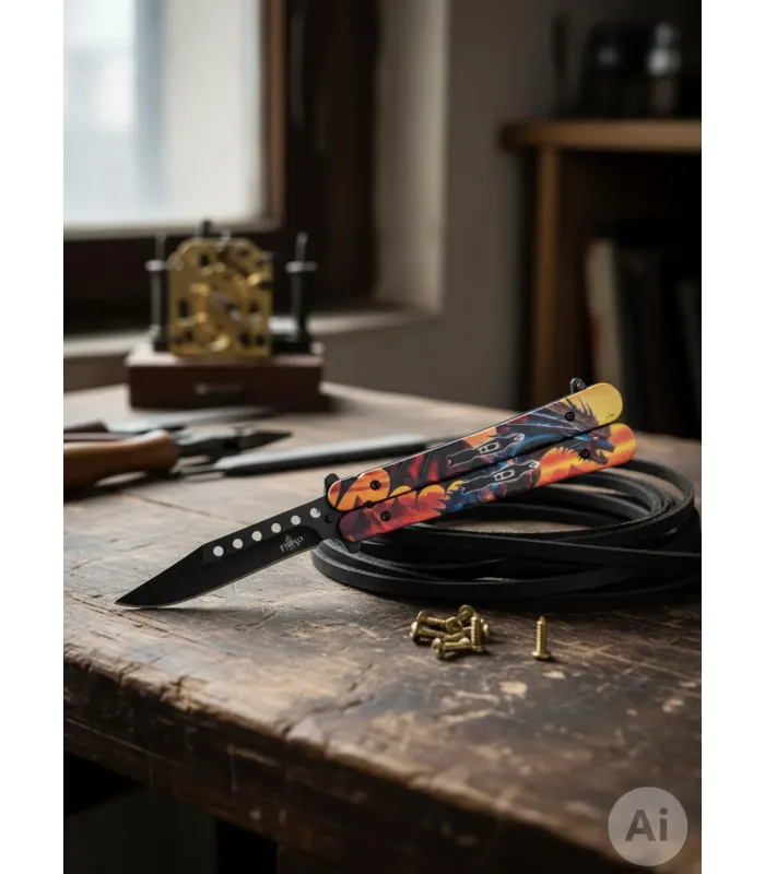 Navaja ventaglio terza lama nera manico drago fuoco (21,7 cm.) ⚔️