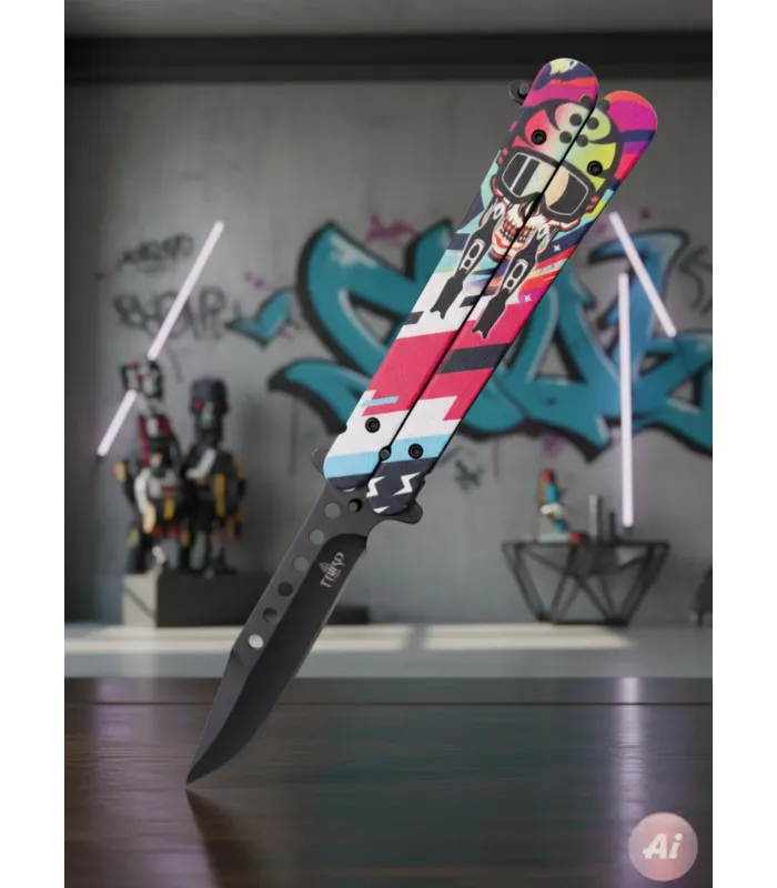 Navaja ventaglio Third lama acciaio nero manico fantasia teschio (21,7 cm.) ⚔️