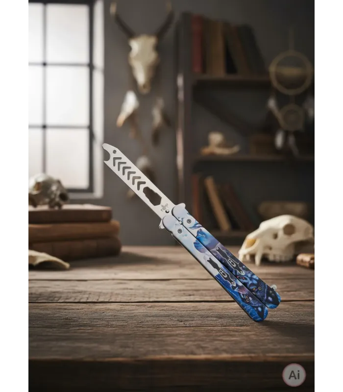 Couteau éventail Third multi-usages avec poignée fantaisie Loup (21,7 cm.) ⚔️