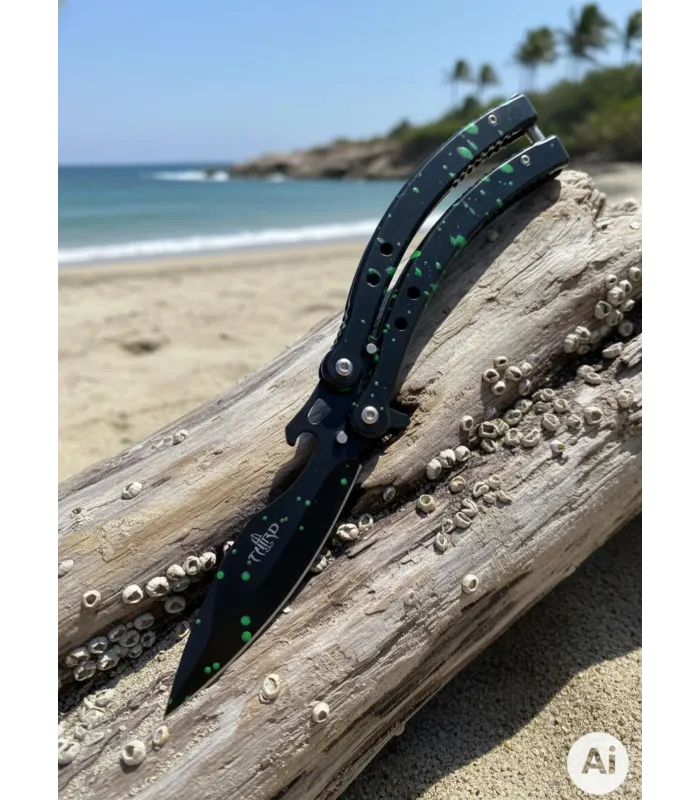 Navaja leque curva Third acabamento gotas verdes (24,5 cm.) ⚔️