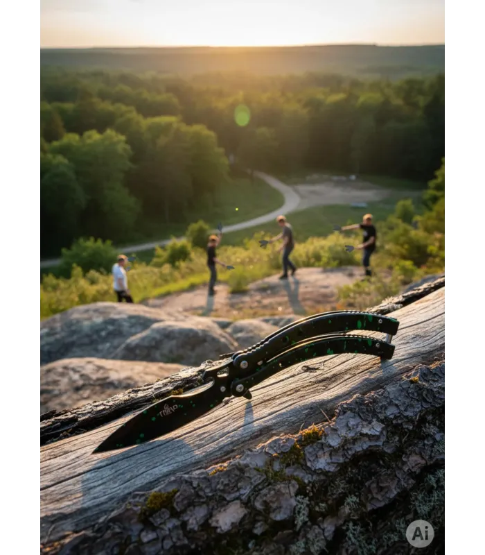 Kurvet foldekniv med tredje finish, grønne dråber (24,5 cm.) ⚔️