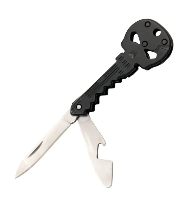 Schlüsselanhänger Totenkopf, Klappmesser und Flaschenöffner Schwarz ⚔️