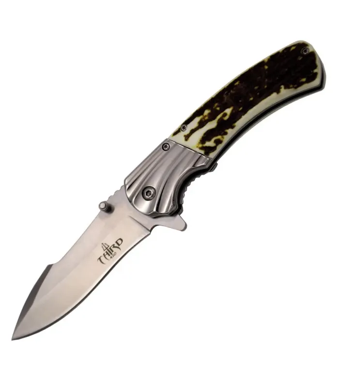 Coltello con manico in imitazione di corno, lama in acciaio 420 (20,5 cm). ⚔️