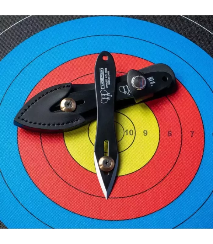 Cuchillo lanzador, acero negro, con 1 contrapeso y funda ⚔️