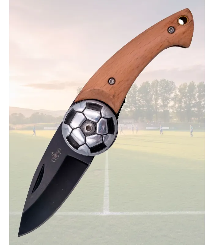 Coltello Pieghevole Calcio Palla Acciaio Lama Nera Legno Faggio ⚔️