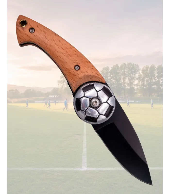 Coltello Pieghevole Calcio Palla Acciaio Lama Nera Legno Faggio ⚔️