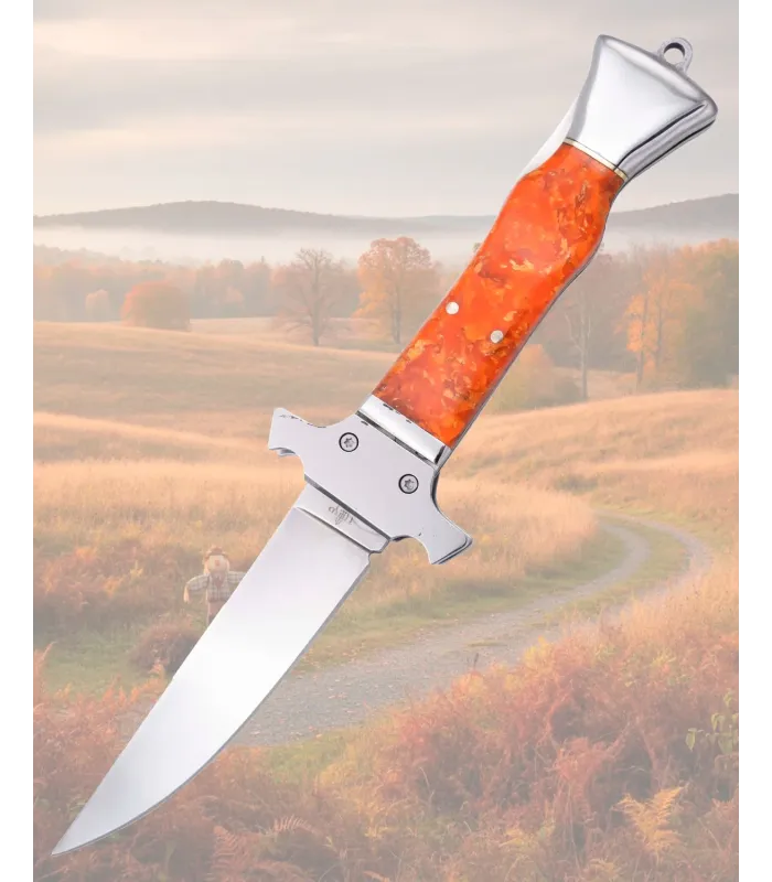 Coltello a serramanico in acciaio lucido con manico arancione 9,3 cm ⚔️