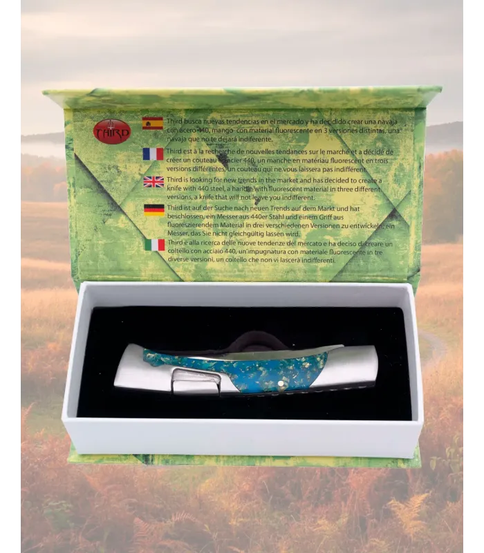Coltello Third in acciaio 440 con manico acrilico blu fluorescente ⚔️