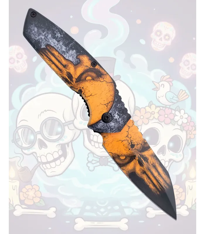 Faca de aço caveira laranja 3D de dupla face ⚔️