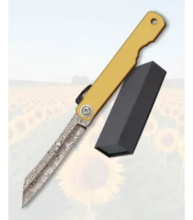 Navaja de bolsillo Albainox hoja rescta Damasco 67 capas, cachas latón ⚔️