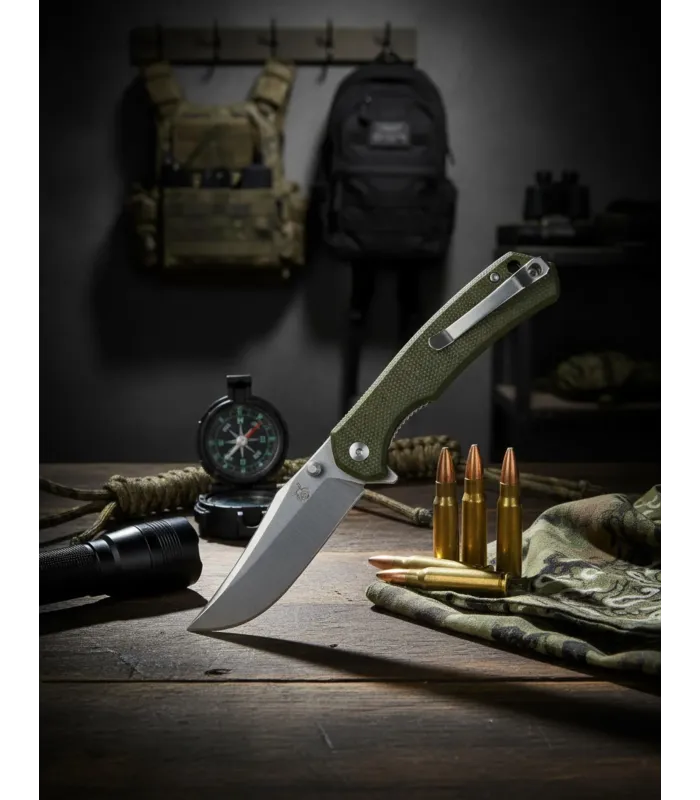 D2 taktisk kniv med grøn Micarta skal ⚔️