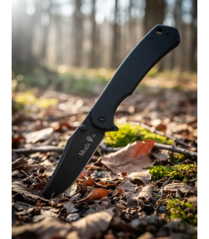 Couteau tactique avec une lame de 76 mm et une finition noir lavé à la pierre,