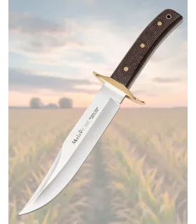 Cuchillo Muela cachas micarta yute marrón-mostaza y defensa latón