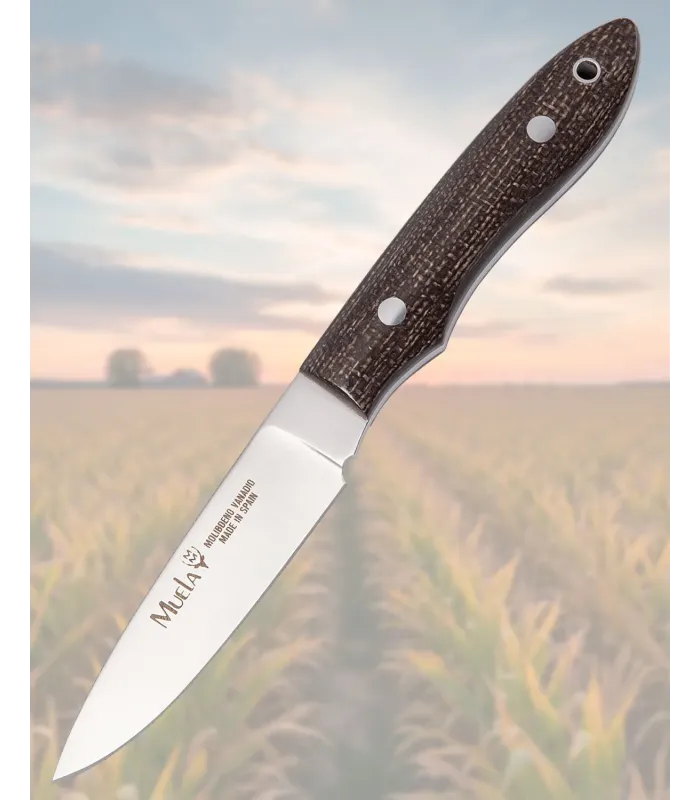 Muela kniv i hele længden med micarta og jute handtag i brun, med slire