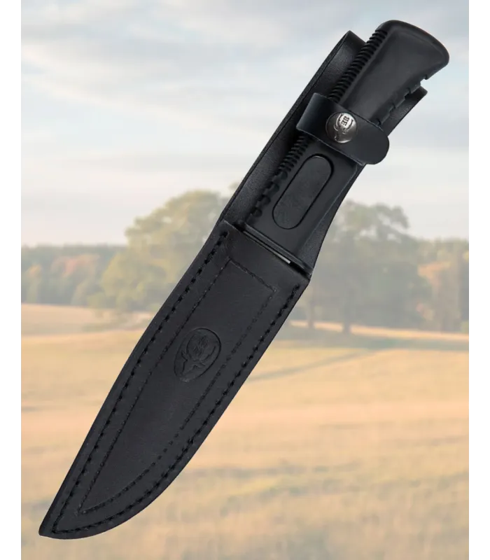 Cuchillo Muela con puño de goma negra, funda piel