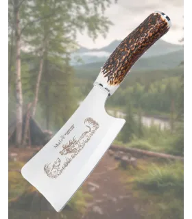 Hache Muela artisanale en acier 440c avec manche en bois de cerf gravé