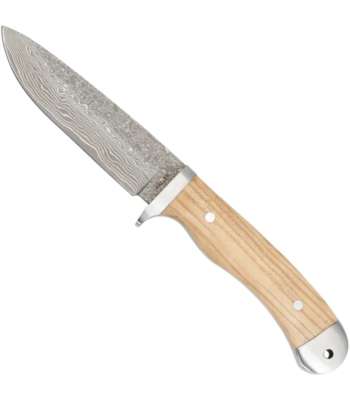 Cuchillo Damasco 71 capas, mango de olivo y funda cuero