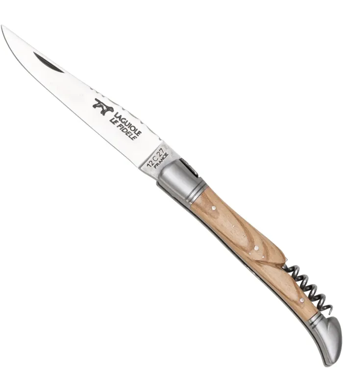 Französisches Laguiole-Messer aus Eichenholz mit Korkenzieher, Klingenlänge 10 cm.